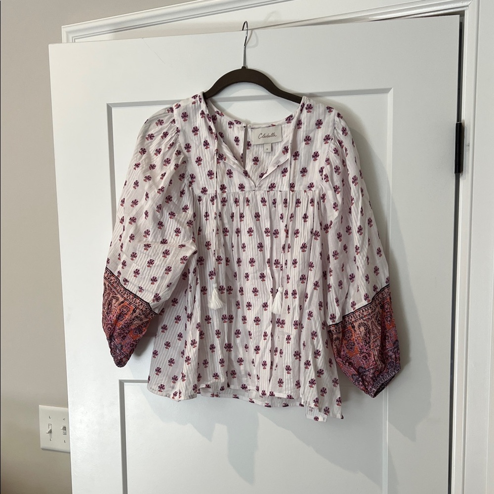Cleobella White Peasant Blouse with Pink and Burgundy Paisley Sleeves